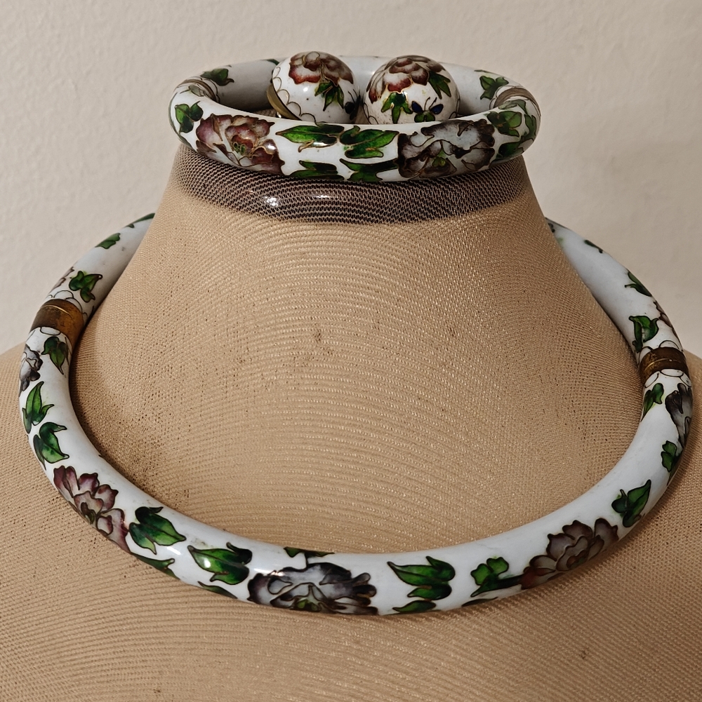 Rare Chinese Export Vintage 60s Cloisonne Hinged Pipe Jewelry Set - Picture 8 of 16